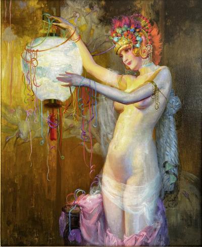 Theodore N Lukits Nude Dancer with Ornate Floral Head dress and Japanese Lantern Carnival