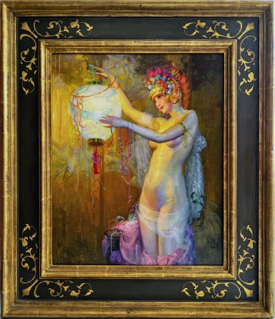 Theodore N Lukits Nude Dancer with Ornate Floral Head dress and Japanese Lantern Carnival