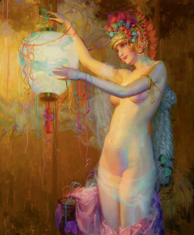 Theodore N Lukits Nude Dancer with Ornate Floral Head dress and Japanese Lantern Carnival