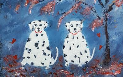 Therese James Dotty Dogs Contemporary Mixed Media on Paper Painting