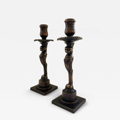 Thomas Hope A Rare Pair of Regency Patinated Bronze Candlesticks