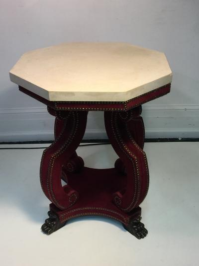 Thomas Messel Alidad Limited HADRIAN OCTAGONAL TABLE IN STUDDED RED VELVET WITH CLAW FEET