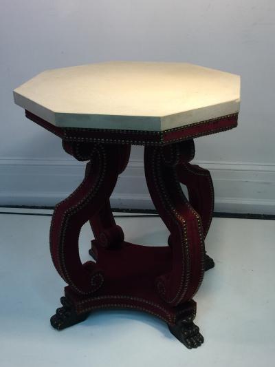 Thomas Messel Alidad Limited HADRIAN OCTAGONAL TABLE IN STUDDED RED VELVET WITH CLAW FEET