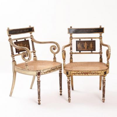 Thomas Sheraton Pair of English Sheraton Regency Painted Armchairs