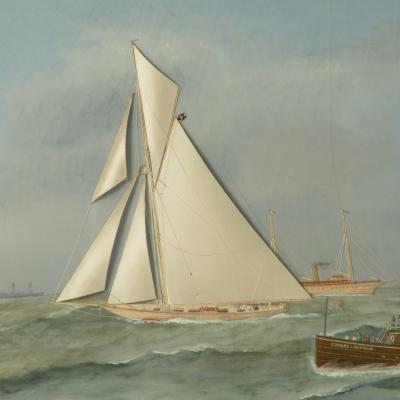 Thomas Willis Shamrock III and Reliance Crossing the Line America s Cup 1903