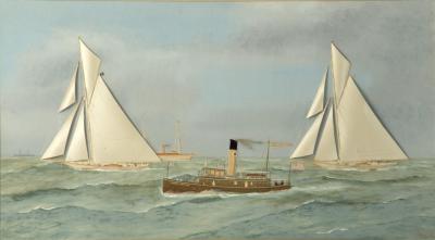 Thomas Willis Shamrock III and Reliance Crossing the Line America s Cup 1903