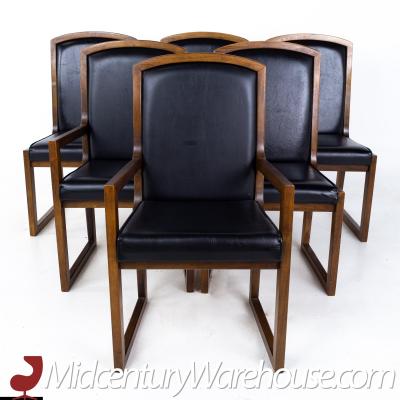 Thomasville Walnut and Black Naugahyde Sleigh Leg Dining Chairs Set of 6