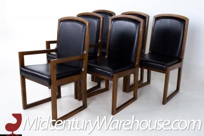 Thomasville Walnut and Black Naugahyde Sleigh Leg Dining Chairs Set of 6