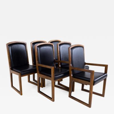Thomasville Walnut and Black Naugahyde Sleigh Leg Dining Chairs Set of 6