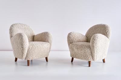 Thorald Madsens Pair of Thorald Madsen Armchairs in Sheepskin and Beech Denmark Mid 1930s