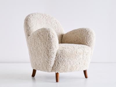 Thorald Madsens Pair of Thorald Madsen Armchairs in Sheepskin and Beech Denmark Mid 1930s