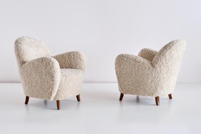 Thorald Madsens Pair of Thorald Madsen Armchairs in Sheepskin and Beech Denmark Mid 1930s