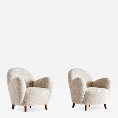 Thorald Madsens Pair of Thorald Madsen Armchairs in Sheepskin and Beech Denmark Mid 1930s