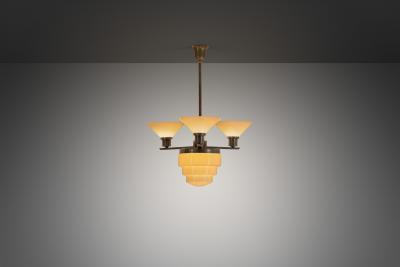 Three Arm Metal and Opal Glass Chandelier with Stepped Shade Europe 1930s