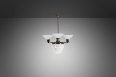 Three Arm Metal and Opal Glass Chandelier with Stepped Shade Europe 1930s