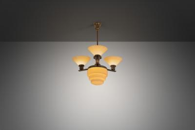 Three Arm Metal and Opal Glass Chandelier with Stepped Shade Europe 1930s