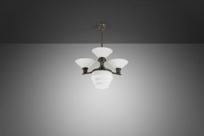 Three Arm Metal and Opal Glass Chandelier with Stepped Shade Europe 1930s