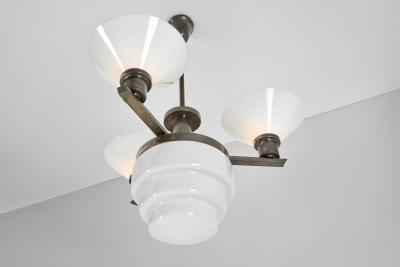 Three Arm Metal and Opal Glass Chandelier with Stepped Shade Europe 1930s