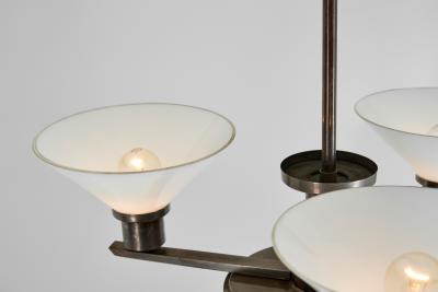 Three Arm Metal and Opal Glass Chandelier with Stepped Shade Europe 1930s