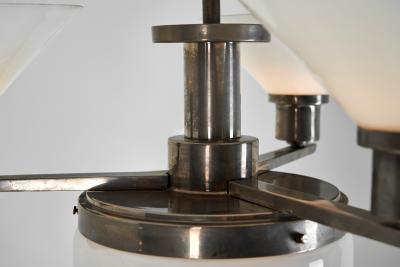 Three Arm Metal and Opal Glass Chandelier with Stepped Shade Europe 1930s