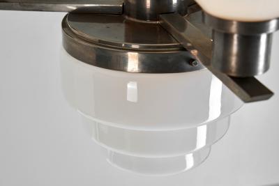 Three Arm Metal and Opal Glass Chandelier with Stepped Shade Europe 1930s