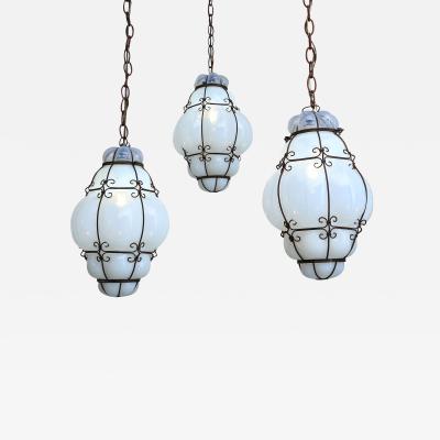 Three Caged White Glass Italian Pendants