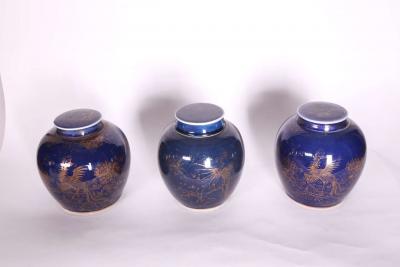 Three Chinese Late 18th Century Blue Glazed and Gilt Porcelain Ginger Jars