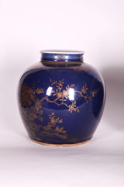 Three Chinese Late 18th Century Blue Glazed and Gilt Porcelain Ginger Jars