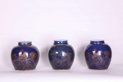Three Chinese Late 18th Century Blue Glazed and Gilt Porcelain Ginger Jars