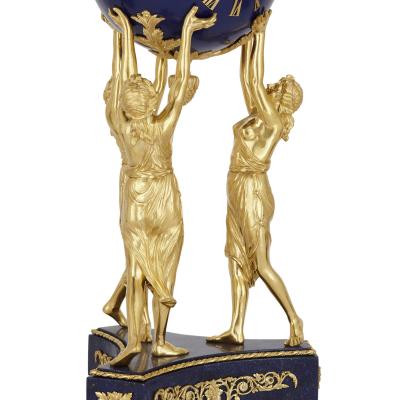 Three Graces three piece lapis and gilt bronze clock set