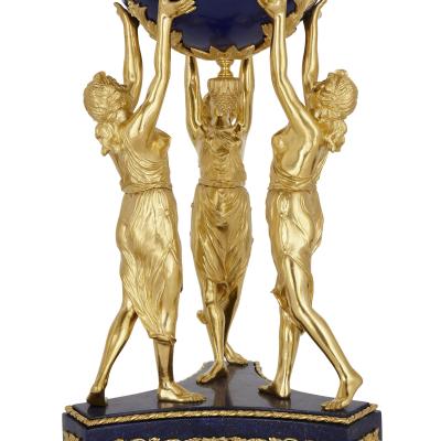 Three Graces three piece lapis and gilt bronze clock set