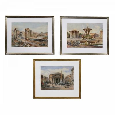 Three Italian Framed Watercolors of Scenes of Rome
