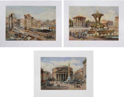 Three Italian Framed Watercolors of Scenes of Rome