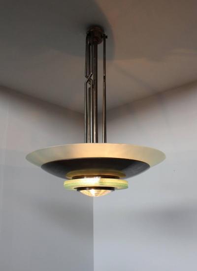 Three Large and Important French Art Deco Glass and Brass Chandelier