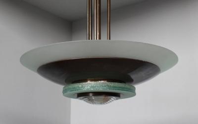 Three Large and Important French Art Deco Glass and Brass Chandelier