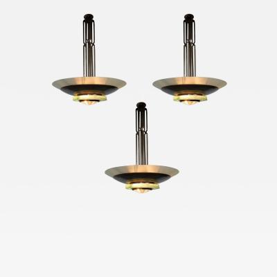 Three Large and Important French Art Deco Glass and Brass Chandelier