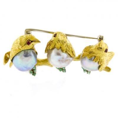 Three Love Bird Baroque Pearl Gold Brooch