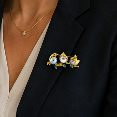 Three Love Bird Baroque Pearl Gold Brooch