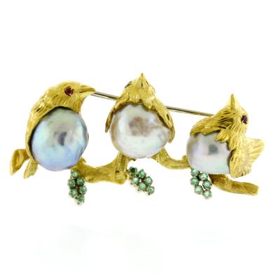 Three Love Bird Baroque Pearl Gold Brooch