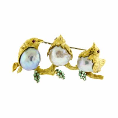 Three Love Bird Baroque Pearl Gold Brooch