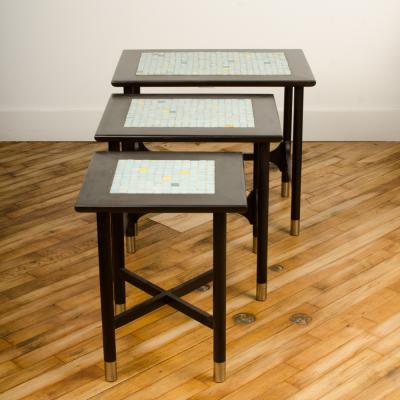 Three MCM nesting tables with tile inserts American in original condition