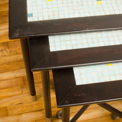 Three MCM nesting tables with tile inserts American in original condition