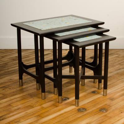 Three MCM nesting tables with tile inserts American in original condition