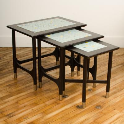 Three MCM nesting tables with tile inserts American in original condition