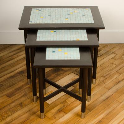 Three MCM nesting tables with tile inserts American in original condition