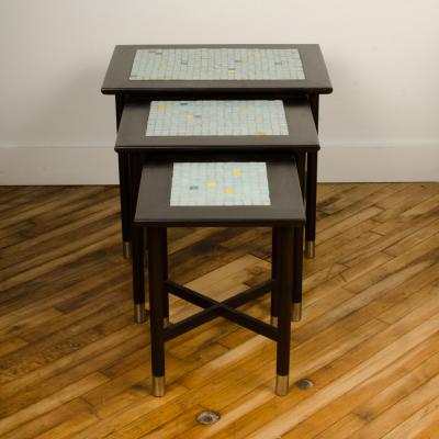 Three MCM nesting tables with tile inserts American in original condition
