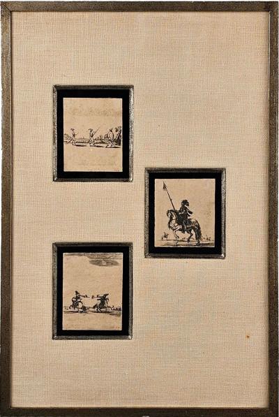 Three Miniature Drawings Framed as One Italy circa 1800