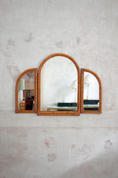 Three Panel Bamboo Mirror 1970s