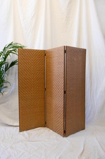 Three Panel Woven Wicker Screen 1970s