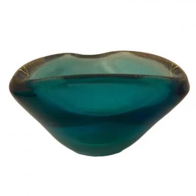 Three Sided Turquoise Murano Glass Bowl with Gold Leaf Inclusions